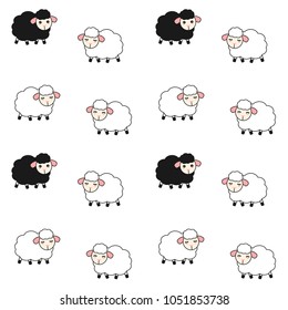 cute cartoon white and black sheeps seamless vector pattern background illustration