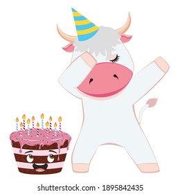 Cute cartoon white bull with chocolate cake illustration.