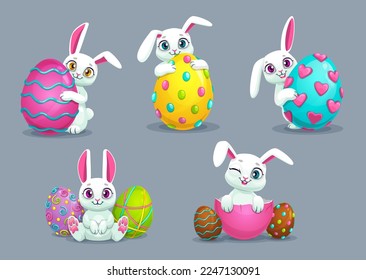 Cute cartoon white bunnies with colored eggs. Traditional Easter holyday symbols. Vector illustration.