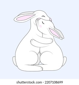 Cute cartoon white bunnies hugging. Flat vector illustration.