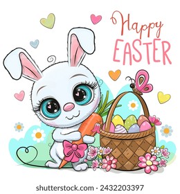 Cute Cartoon White Bunny with a basket of Easter eggs