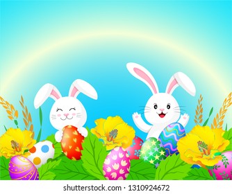 Cute cartoon white bunny with Easter eggs and flower. Nice decoration for Easter time. Illustration.
