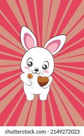 Cute cartoon white bunny with heart, greeting card illustration.