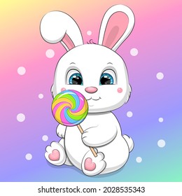 Cute cartoon white bunny with lollipop. Vector illustration of an animal on a colorful background.