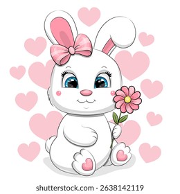 Cute Cartoon White Bunny with pink flower and hair bow. Vector Illustration with animal on white background with pink hearts.