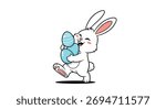 A cute cartoon white bunny rabbit happily carrying a bunch of blue easter eggs.
