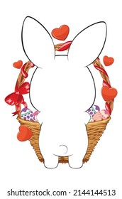 Cute cartoon white bunny, rabbit with colorful Easter eggs illustration.