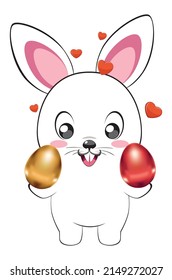 Cute cartoon white bunny, rabbit with colorful Easter eggs illustration.