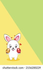 Cute cartoon white bunny, rabbit with colorful Easter eggs greeting card illustration.