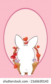 Cute cartoon white bunny, rabbit with colorful Easter eggs greeting card illustration.