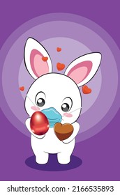 Cute cartoon white bunny, rabbit in face mask with colorful Easter eggs greeting card illustration.