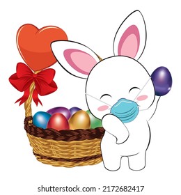Cute cartoon white bunny, rabbit in face mask with colorful Easter eggs illustration.