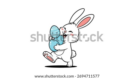 A cute cartoon white bunny rabbit happily carrying a bunch of blue easter eggs.