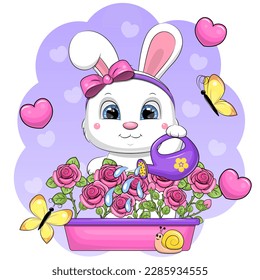 Cute cartoon white bunny watering flowers. Vector illustration of animal with flowers, butterliesa, hearts and watering can on a purple background.