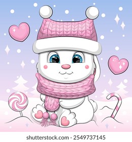 Conejito blanco lindo de la historieta que lleva una bufanda y un sombrero rosados. Ilustración vectorial de invierno de un animal sobre fondo azul y rosa.