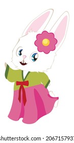 Cute cartoon white bunny wears traditional female Korean costume Hanbok for Chuseok, Mid Autumn Festival.