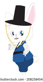 Cute cartoon white bunny wears traditional Korean costume Hanbok for Chuseok, Mid Autumn Festival.