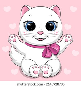 Cute cartoon white cat with a big bow. Vector illustration of an animal on a pink background with hearts.