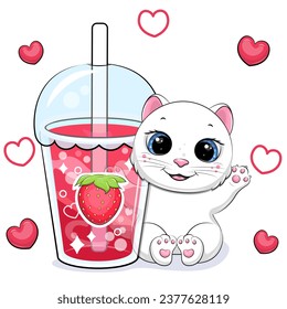 Cute cartoon white cat with a big strawberry drink. Vector illustration of an animal and a cup of red water on a white background with red hearts.