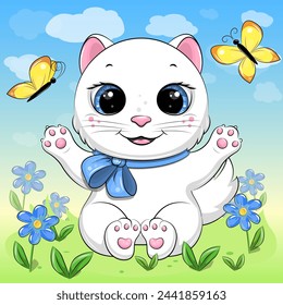 Cute cartoon white cat and blue flowers in nature. Vector illustration of animal in nature with flowers, yellow butterflies, blue sky and white clouds.