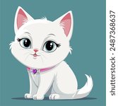 Cute Cartoon White Cat in a collar,sitting with folded paws