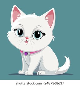 Cute Cartoon White Cat in a collar,sitting with folded paws