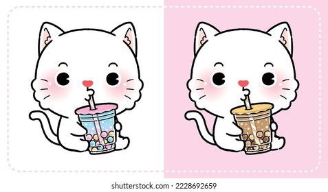 Cute Cartoon White Cat Eating Boba Bubble Milk Tea, Animal Drink Icon Concept Vector. Flat Cartoon Style