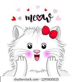 Cute cartoon white cat falling in love. Happy Valentine's day.  Cartoon character design. Illustration isolated on white background.