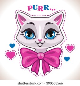 Cute cartoon white cat girl face with big pink bow, fashion girlish vector illustration for t shirt print design