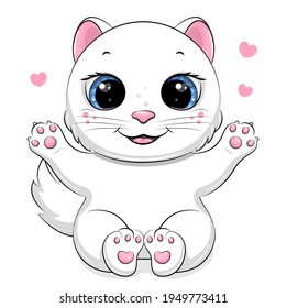 Cute cartoon white cat with hands for a hug. Vector illustration of animal isolated on white.