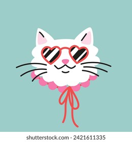 Cute cartoon white cat with a heart shape sunglasses. Hand drawn vector illustration. Funny Valentine's day character card template.