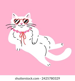 Lindo gato blanco de dibujos animados con gafas de sol en forma de corazón. Dibujado a mano ilustración vectorial. Divertida plantilla de tarjeta de personaje de San Valentín.