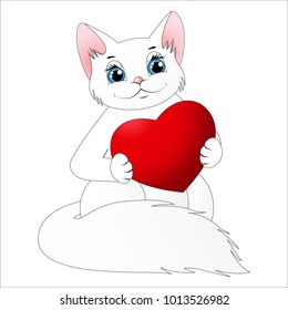 Cute cartoon white cat holding heart. Valentine`s Day illustration