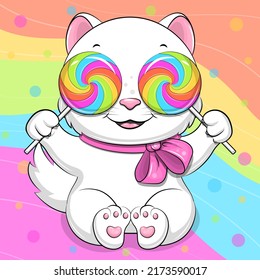 A cute cartoon white cat is holding two candies. Vector illustration of an animal on a colorful background.