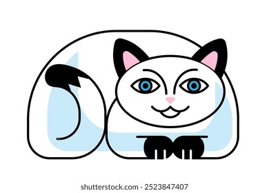 Cute cartoon white cat. Lying kitten with smiling face. Silhouette of domestic animal. Funny vector illustration isolated on transparent background.