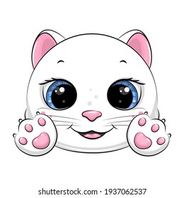 Cute cartoon white cat with paws. Vector illustration of animal head isolated on white.