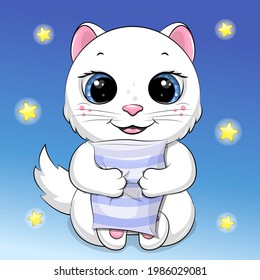 Cute cartoon white cat with a pillow. Night vector with an animal on a blue background with stars.