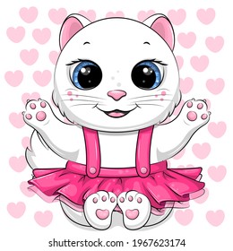 Cute cartoon white cat in pink skirt. Vector illustration of an animal on a white background with pink hearts.