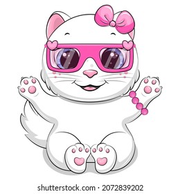 Cute cartoon white cat with pink bow, glasses and bracelet. Vector illustration of an animal on a white background.