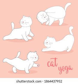 Cute cartoon white cat practicing yoga for beginners. Isolated vector clip art of yoga poses