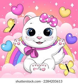 El gato blanco de dibujos animados se sienta en una nube. Ilustración vectorial de un animal en el cielo con un arco iris, corazones y mariposas.