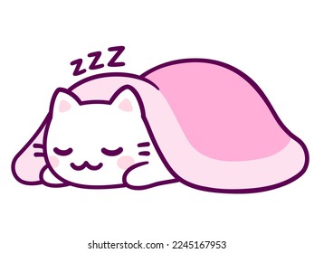 Cute cartoon white cat sleeping under pink blanket. Adorable kawaii kitten hand drawn doodle. Isolated vector clip art illustration.