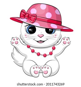 Cute cartoon white cat wearing a hat and necklace. Vector animal illustration isolated on white.