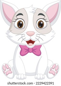 Cute cartoon white cat wearing a pink ribbon