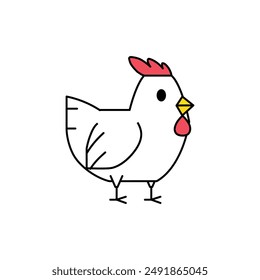 Cute cartoon white chicken, white rooster, chicken bird isolated on white background. Bird farm animal concept icon. Vector illustration.