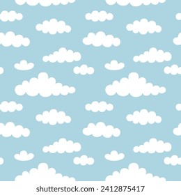 Cuta caricatura de nube blanca sobre fondo azul pastel del cielo. Vector de patrones sin fisuras del cielo nublado. Papel mínimo en la pared. Diseño para tela, pañuelos para niños, camisa, falda, vestido, bufanda, sábanas, pijama, papel impreso.