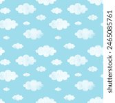 Cute cartoon white clouds on light blue sky. Doodle watercolor seamless pattern vector. Minimal wallpaper. Design for fabric, textile, cloth, shirt, skirt, dress, bedsheet, pajama, clothing, sticker.