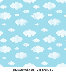 Cute cartoon white clouds on light blue sky. Doodle watercolor seamless pattern vector. Minimal wallpaper. Design for fabric, textile, cloth, shirt, skirt, dress, bedsheet, pajama, clothing, sticker.