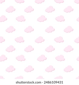 Cute cartoon white clouds on light blue sky. Doodle seamless pattern vector. Minimal wallpaper. Design for fabric, textile, cloth, shirt, skirt, dress, bedsheet,  clothing, sticker.