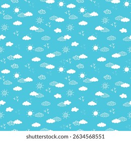 Cute cartoon white clouds on light blue sky. Doodle seamless pattern vector. Minimal wallpaper. Design for fabric, textile, cloth, shirt, skirt, dress, bedsheet, pajama, clothing, sticker.